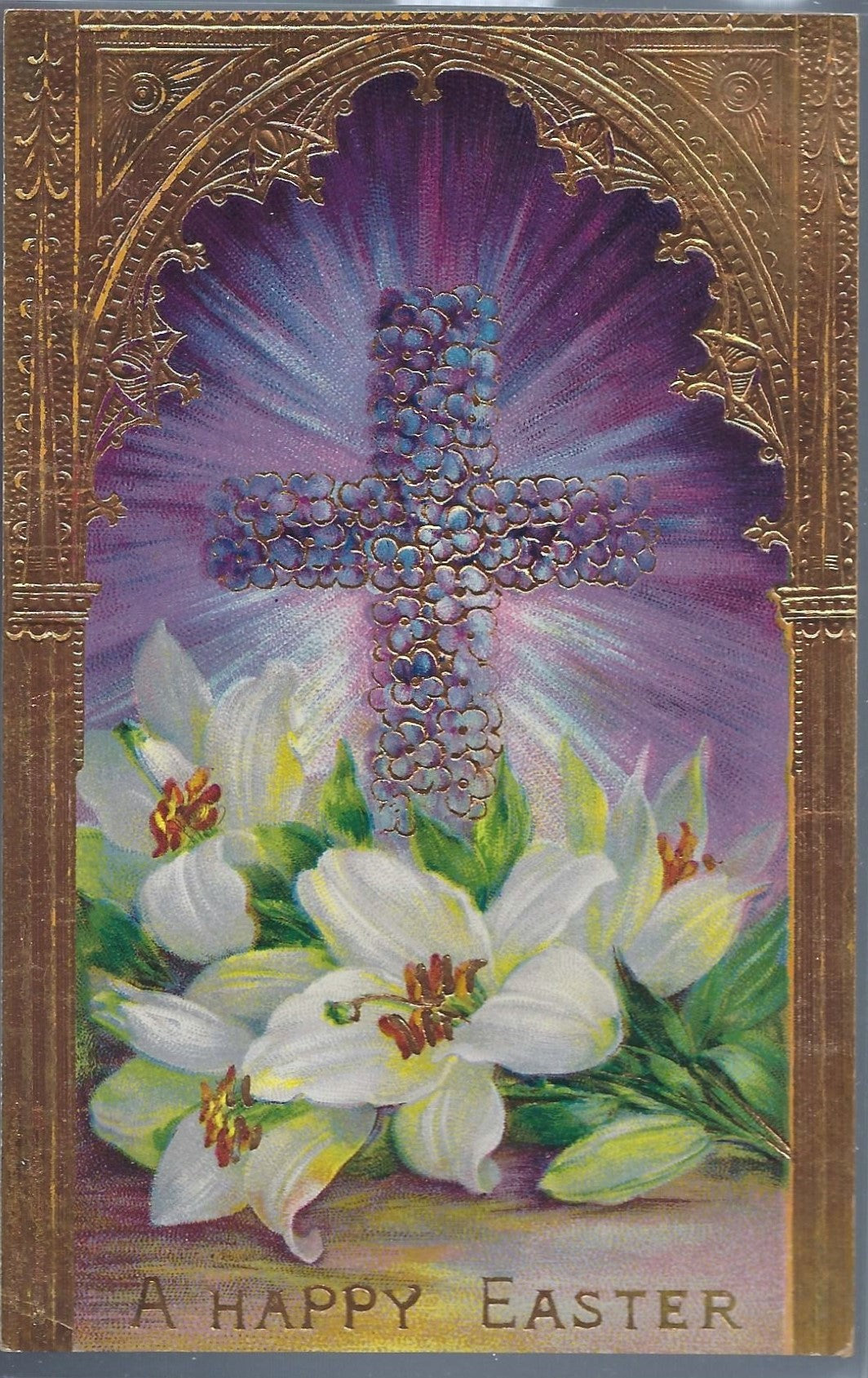 Easter Postcard Series 7033 Cross in Purple with White Lilies and Gold Foil Background