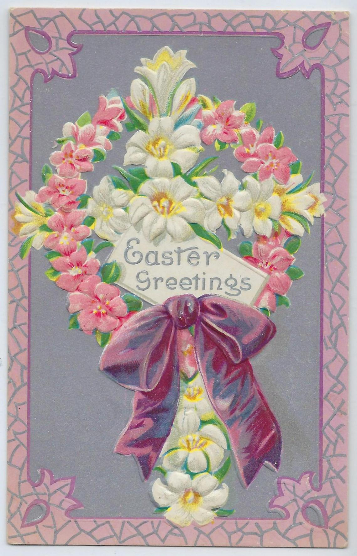 Easter Postcard Embossed Floral Wreath & Bow Purple Border Cross Series