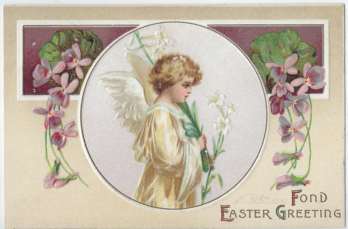 Easter Postcard Ellen Clapsaddle Angel Embossed W/ Flowers Printed in Germany