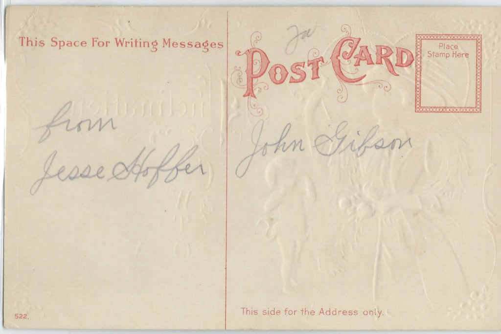 Valentine Postcard Cupid with Victorian Dressed Woman Embossed Card Series 522