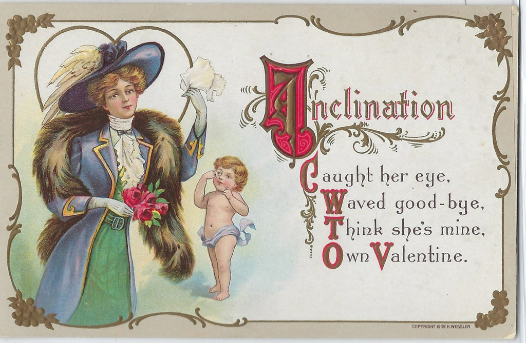Valentine Postcard Cupid with Victorian Dressed Woman Embossed Card Series 522