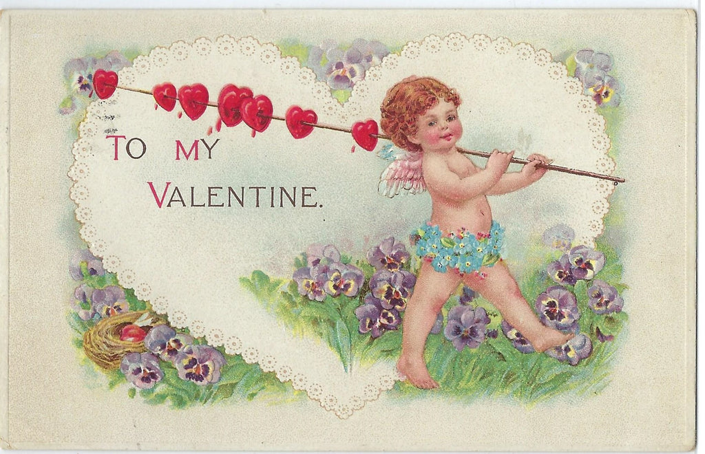 Valentine Postcard Cupid Walking Through Flowers Carrying Hearts on Stick No 409