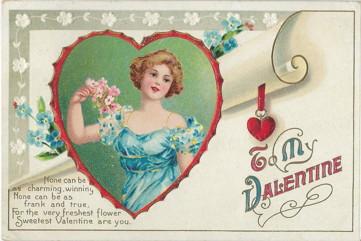 Valentine Postcard Woman in Heart Scattered Flowers Embossed Card  Artist Ellen Clapsaddle