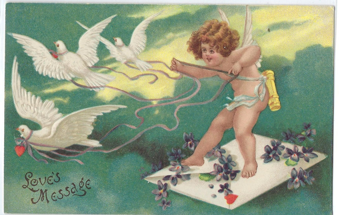 Valentine Postcard Artist Ellen Clapsaddle Cupid Cherub Flying Envelope with Love Dove's Early Undivided Back
