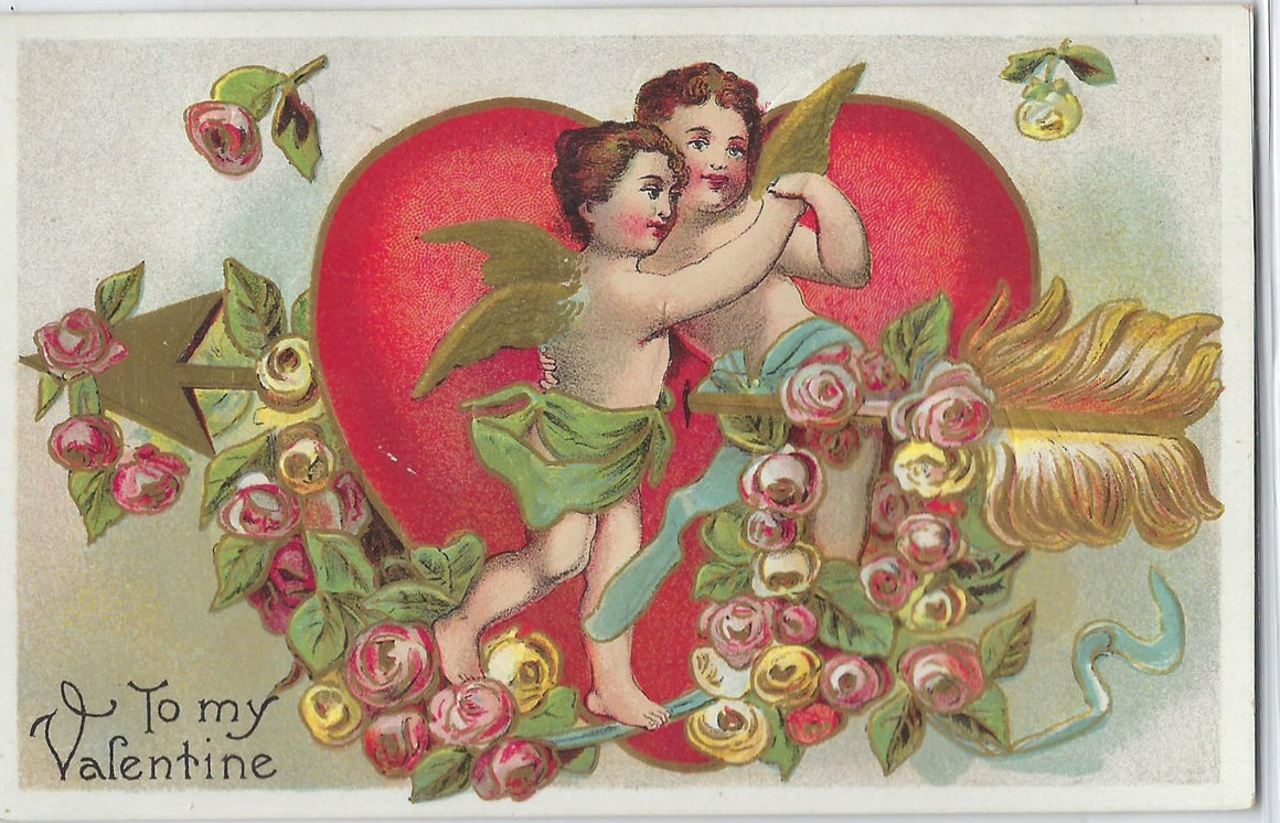 Valentine Postcard Dancing Cupids with Giant Heart & Flowers Series 1002