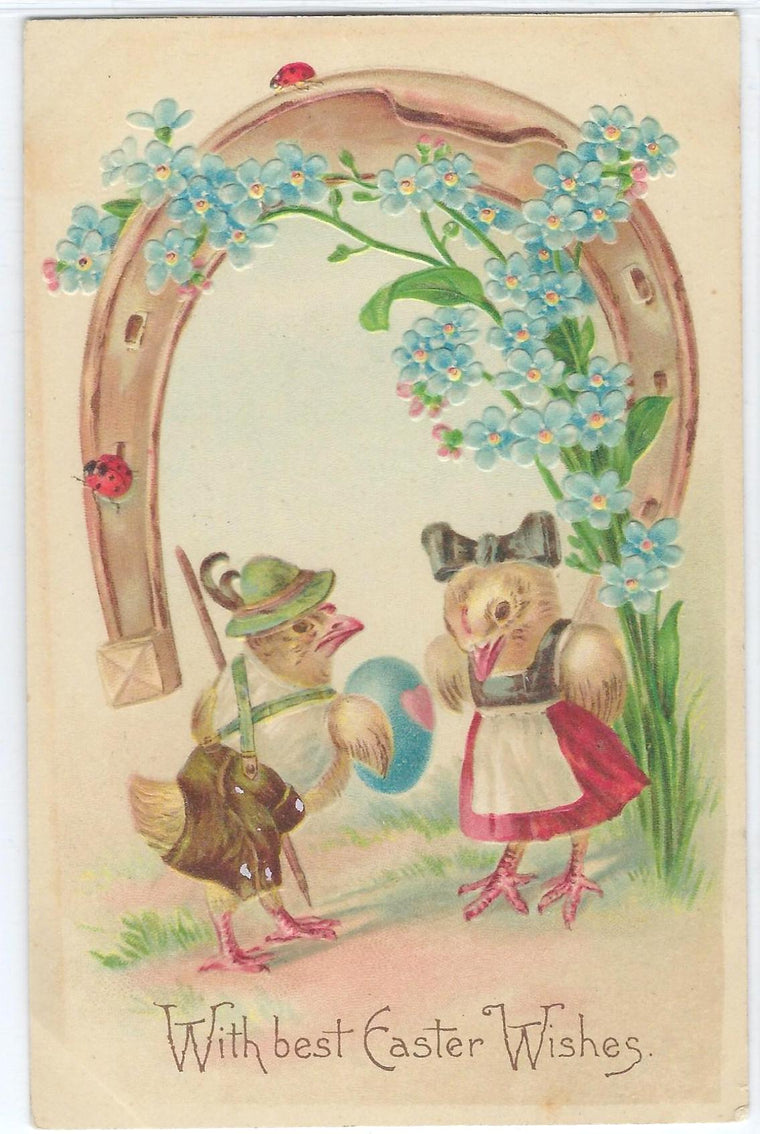 Easter Postcard Humanized Chicks Dressed in Lederhosen Under A Giant Horseshoe Embossed Early Undivided Back