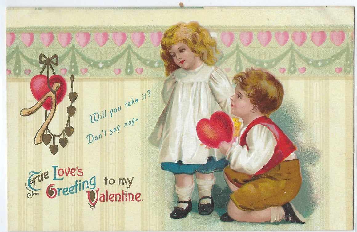 Valentine Postcard Artist Ellen Clapsaddle Children with Boy Giving Girl Heart Series 172 Gold Hearted Highlights