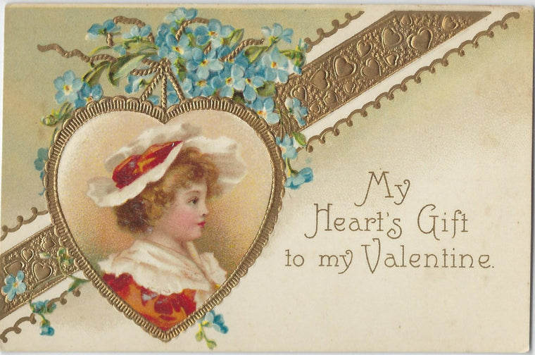Valentine Postcard Artist Ellen Clapsaddle Child Portrait in Gold Embossed Heart Series 846