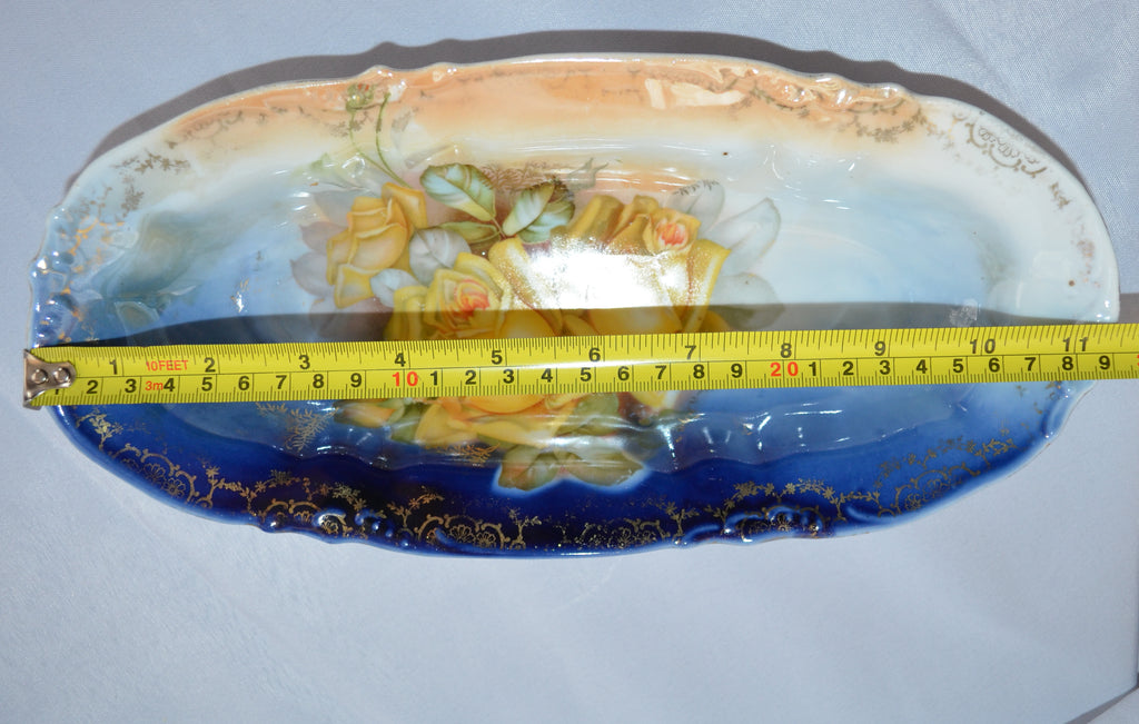 Prussia Prov Saxe Porcelain Cobalt Relish Celery Dish Yellow Rose Decoration ES Germany Floral Scalloped Vanity Tray