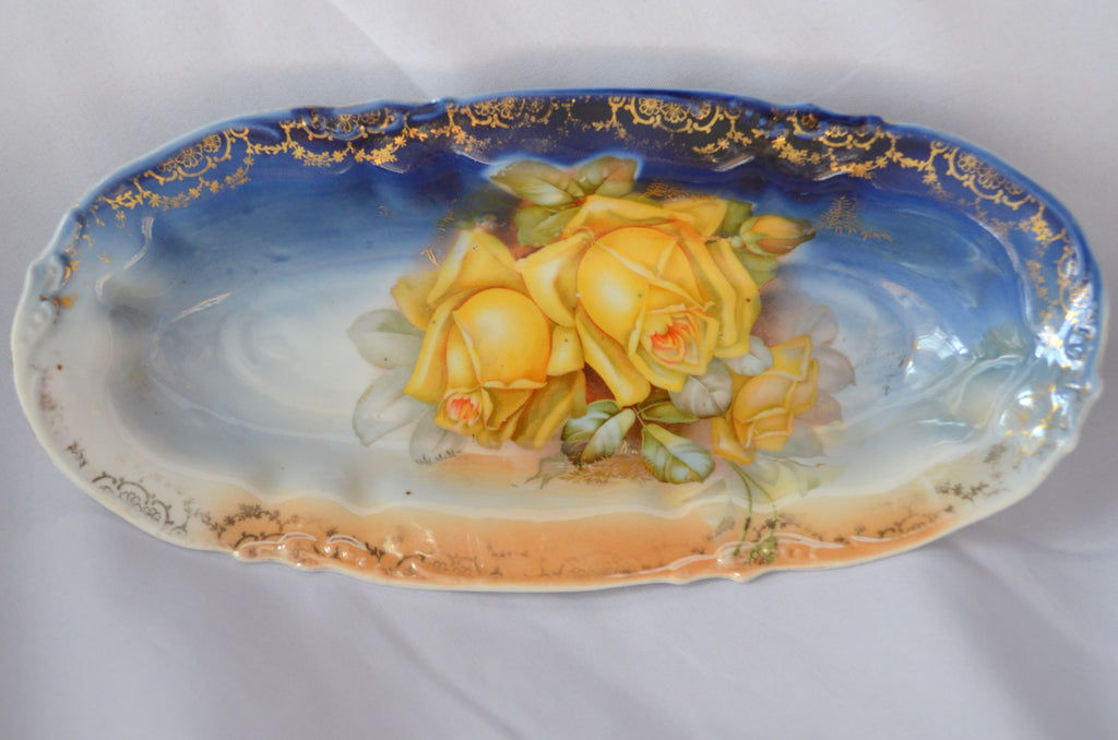 Prussia Prov Saxe Porcelain Cobalt Relish Celery Dish Yellow Rose Decoration ES Germany Floral Scalloped Vanity Tray