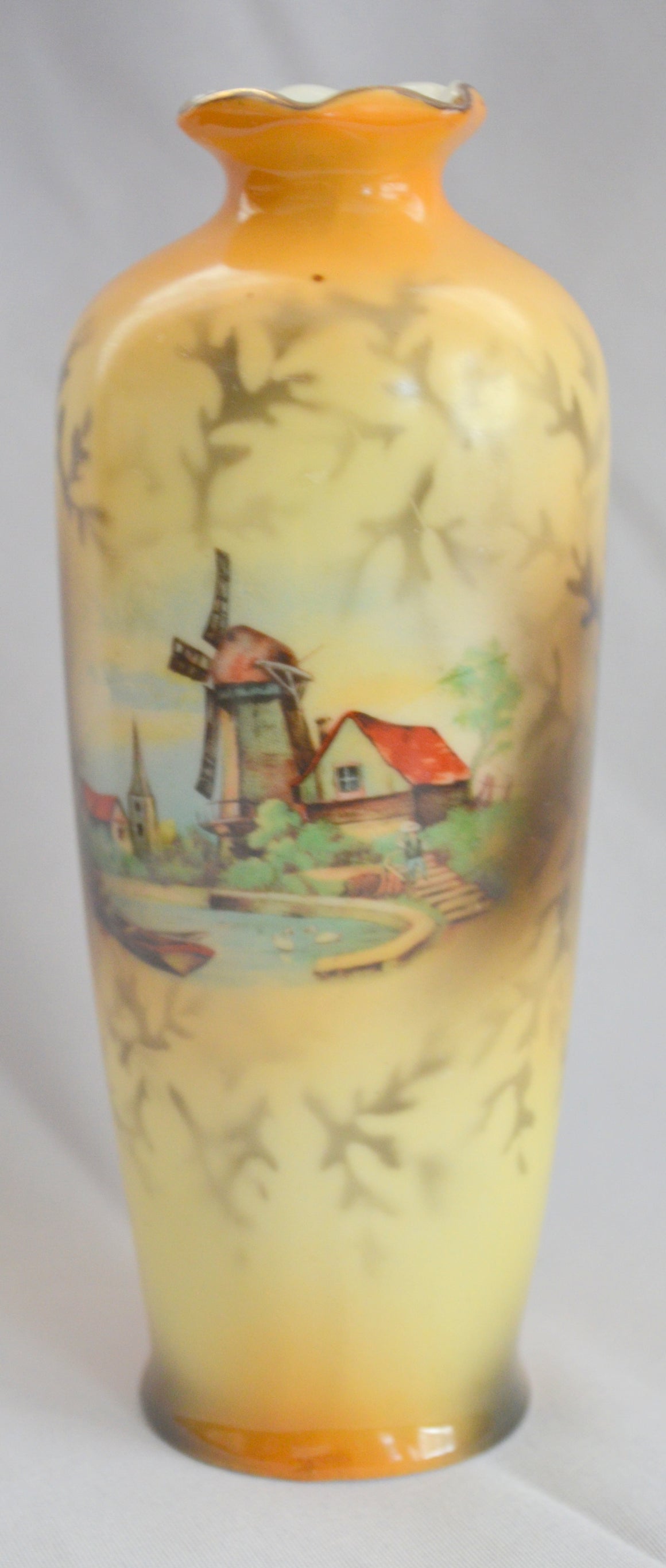 RS Prussia Porcelain Vase ES Germany Windmill Scene Cottage Home Country Town Scalloped Rim 7" T