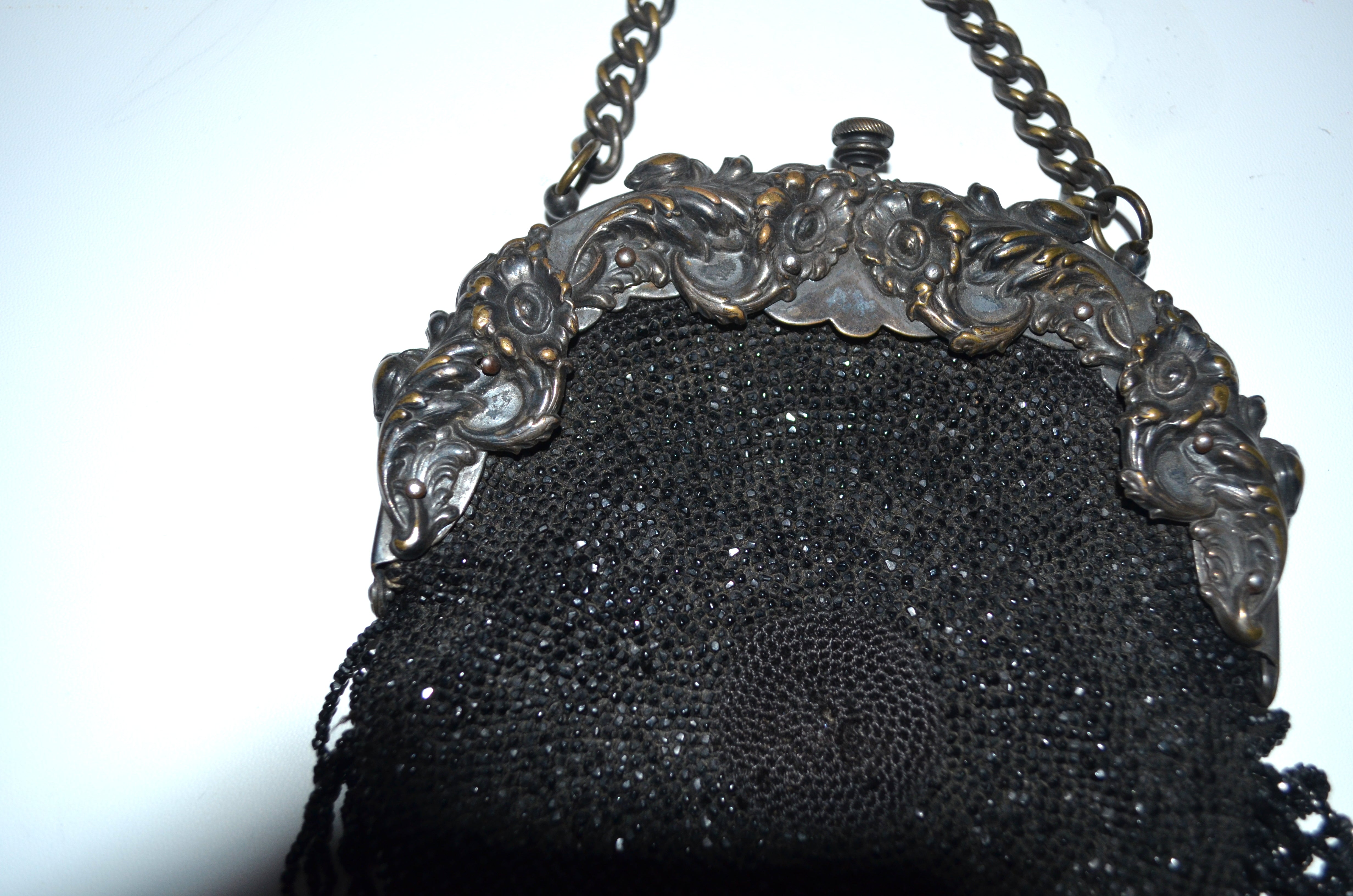 1910s Steel Cut Bead Purse Antique Chatelaine Black Beaded Bag Art Nouveau  Silver Tennis Racket Frame