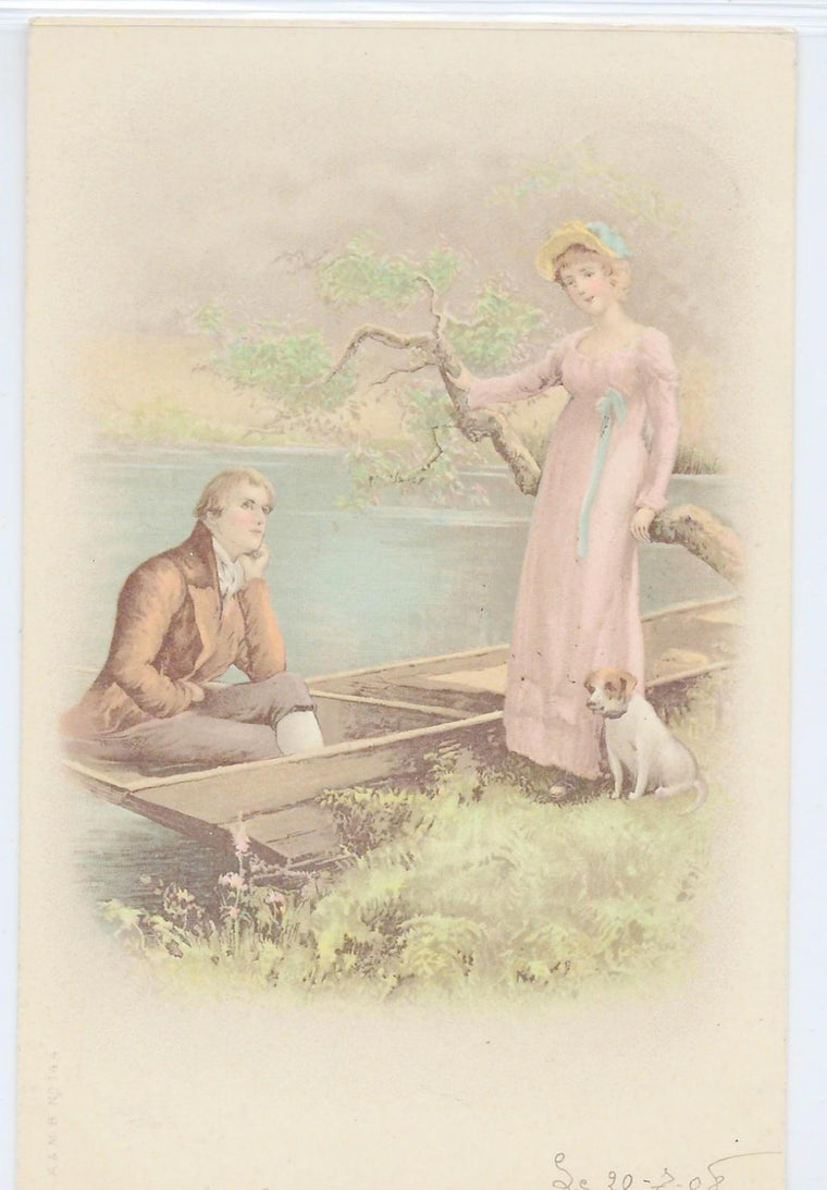 Artist Postcard Romance Couple Man in Boat Woman in Pink Dress on River Series No 144
