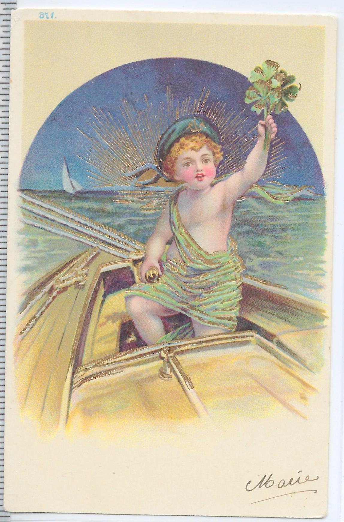 Gold Embossed Postcard Little Boy on Boat Holding Four Leaf Clovers Series 371 New Year's Card Printed in Germany