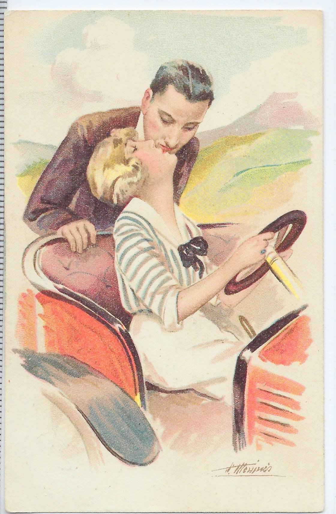 Art Nouveau Postcard Female Artist Signed Suzanne Meunier Paris France Green Back Card Amour Delices Autos Couple Kissing While Lady Drives