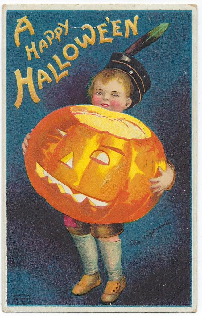 Halloween Postcard Boy Holding Giant Carved JOL Pumpkin Artist Ellen Clapsaddle Series 978 Embossed Card International Art Publishing