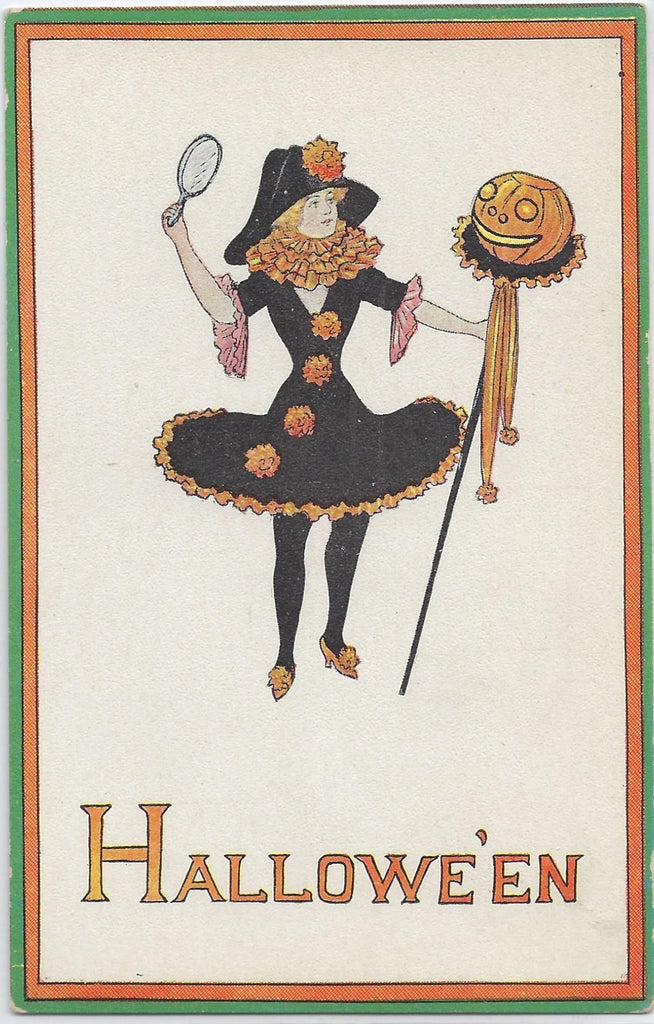 Halloween Postcard Harlequin Marionette Witch Woman in Black Holding JOL Staff Hartley Pub