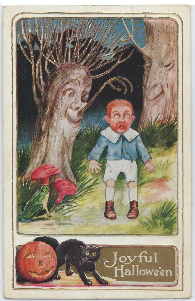 Halloween Postcard Boy Frightened By Smiling Tree Whitney Publishing