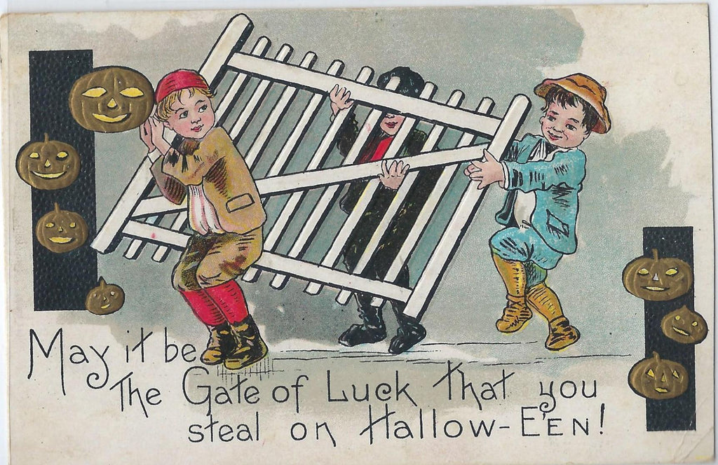 Halloween Postcard Series 2272 Boys Stealing Gate of Luck JOL's Surrounding Them