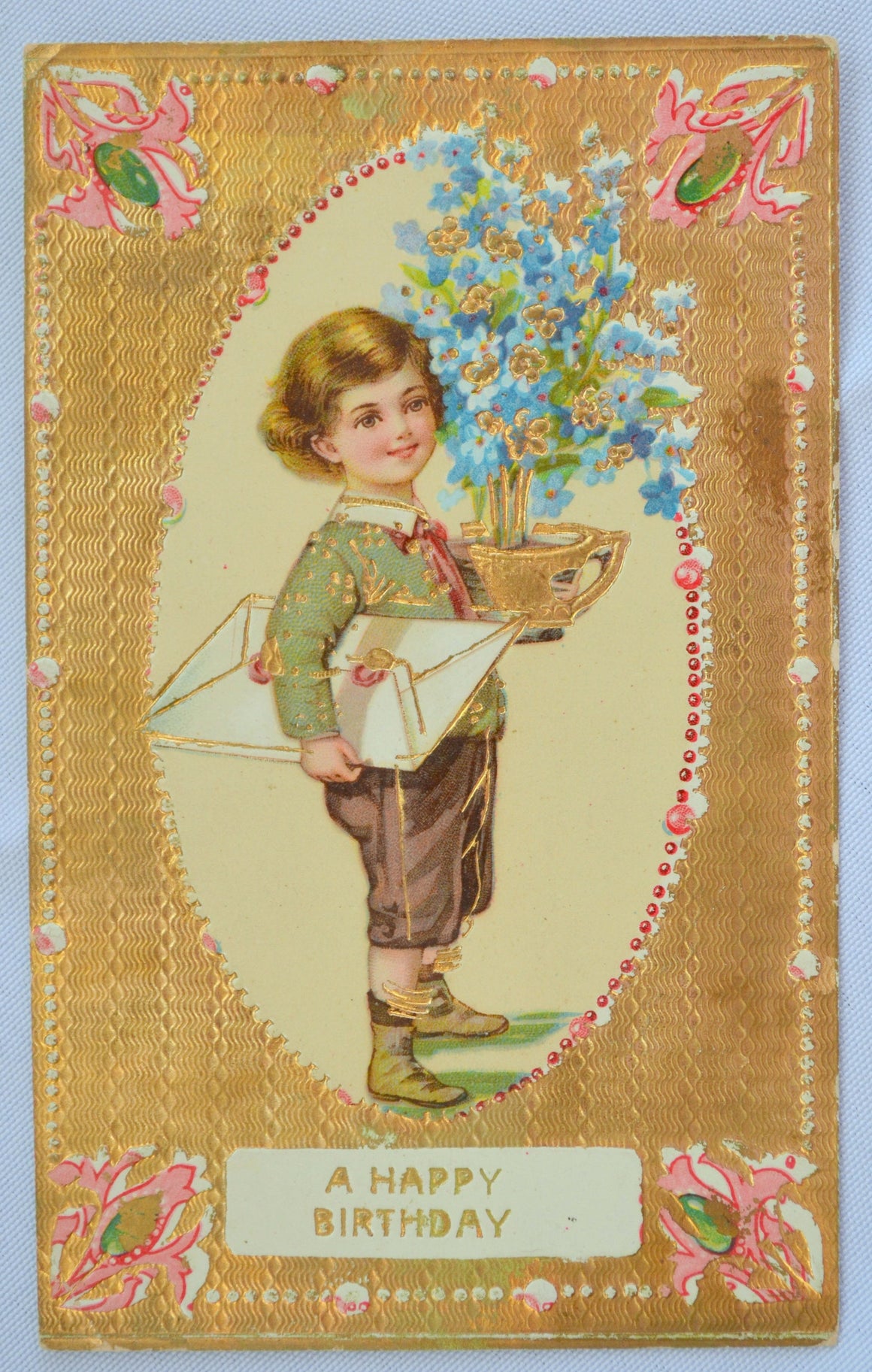 Birthday Postcard Gold Embossed Background Series 2676 Child w/ Flowers