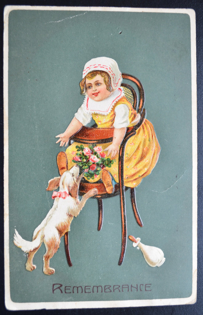 Embossed Postcard Baby in Highchair  & Puppy  2174 PFB Germany Remembrance