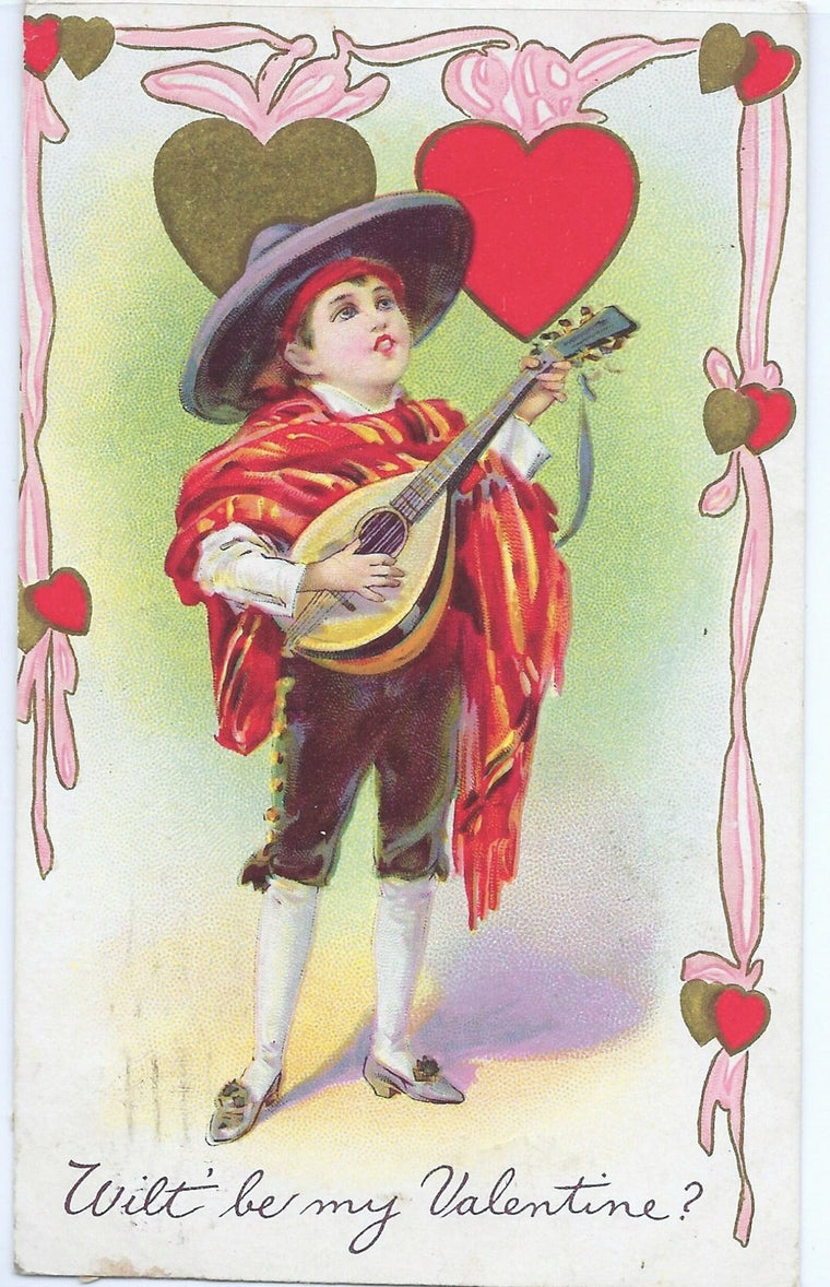 Valentine Postcard Boy Serenading Dressed in Mariachi Clothing Embossed Hearts Series 313