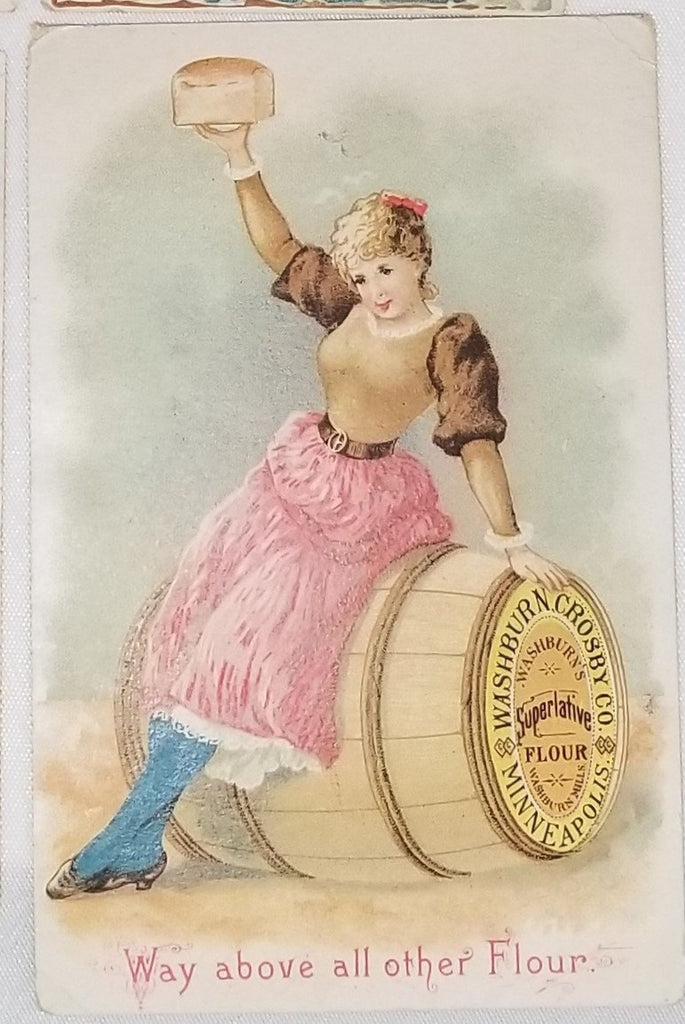 1800s Victorian Advertising Trade Card Washburn Crosby Flour Co Woman on Barrel