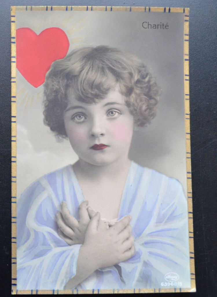 RPPC French Postcard Hand Tinted Artist Studio Portrait Card Edwardian Child in Purple Titled Charite Charity