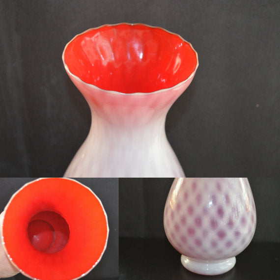 Kanawha American Art Glass Vase Ruby Red Satin Opalescent Diamond Optic Quilt Pattern 12"