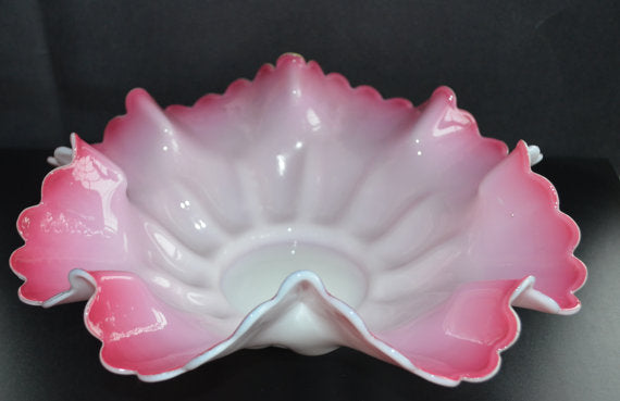 Mt Washington Cranberry Pink Opalescent White Glossy Glass Bride's Bowl