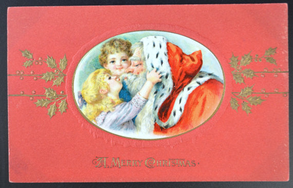 Christmas Postcard John Winsch Santa Claus Kissing Children Rare Red Background