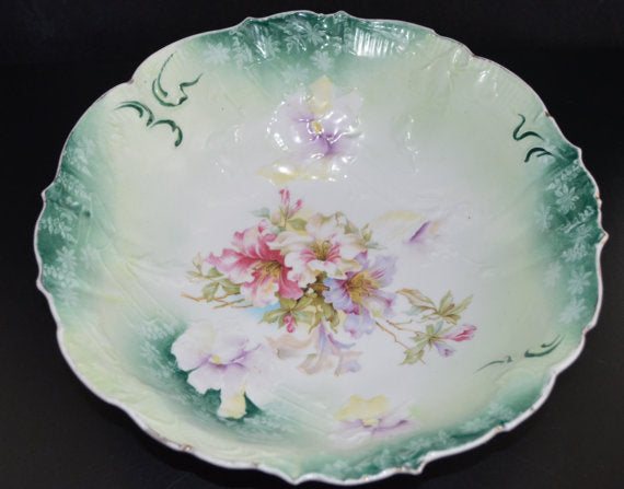 RS Prussia Porcelain Bowl Teal Rim Mold 32 Floral Pattern