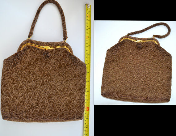 Vintage Mid Century Beaded Handbag Chocolate Brown Crescent Design Walborg Fashion Purse
