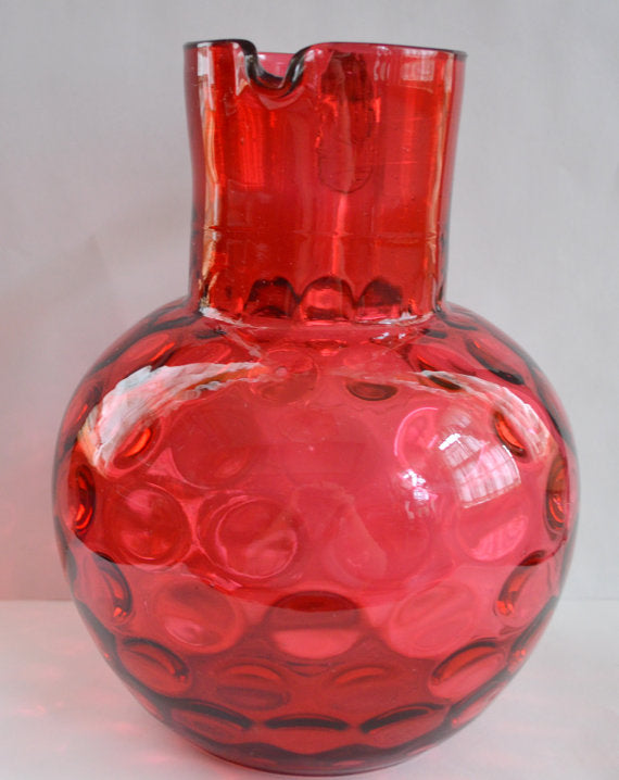 Antique 19th Century Cranberry Glass Inverted Thumbprint Polka Dot Water Pitcher Reeded Handle