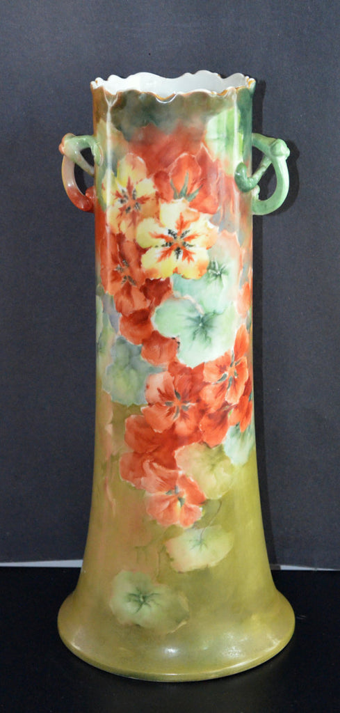 LIMOGES Vase Twisted Handle Hand Painted Poppies William Guerin French Porcelain 15" Art Nouveau Period Decor