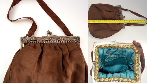 Victorian Brown Cloth Handbag Purse with Ornate Floral Embossed Openwork Metal Frame & Silk Interior