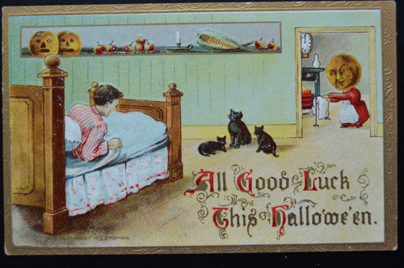 Halloween Postcard JOL Woman Boy & Black Cat Gottschalk  Series 2097