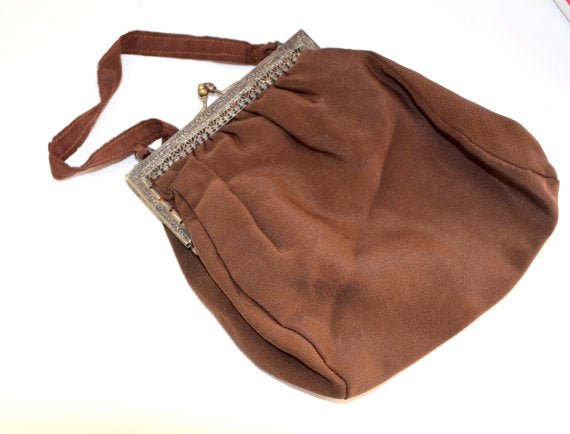 Victorian Brown Cloth Handbag Purse with Ornate Floral Embossed Openwork Metal Frame & Silk Interior