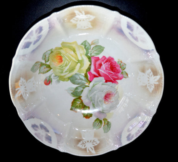 German Porcelain Bowl Luster Finish Rose Decor 10"
