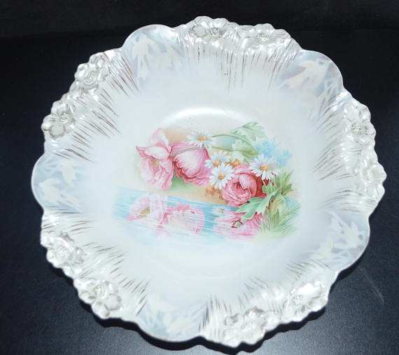 RS Prussia Porcelain Bowl Pearl Luster Reflecting Poppies & Daisies Mold 7 Icicle Mold FD 36
