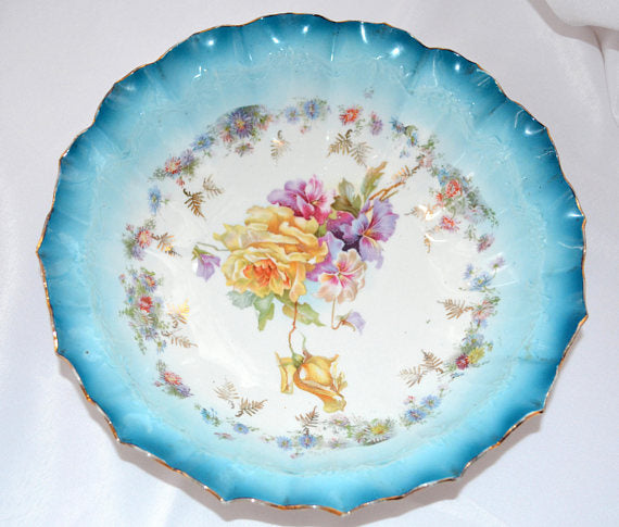 RS Prussia Porcelain Bowl Mold 12 Blue Rim Yellow Roses