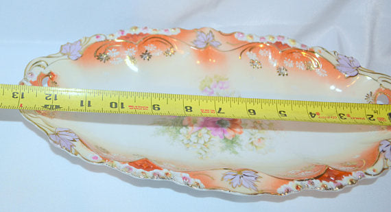 RS Prussia Porcelain Celery Tray Double Handle Leaf Mold 7 Orange Decor 13" Long