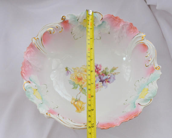 RS PRUSSIA Porcelain BOWL Steeple Mold 3 Pink Floral Decor 10"