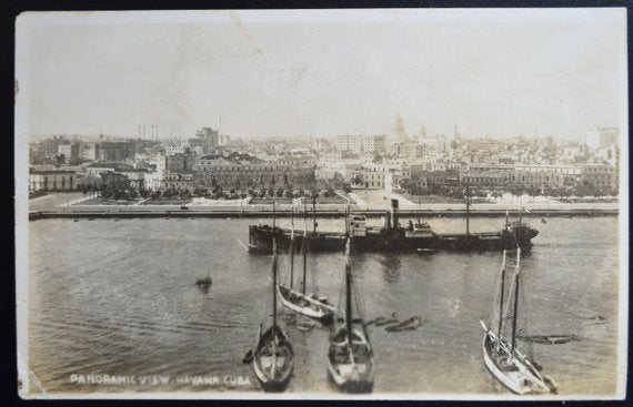 RPPC Real Photo Postcard Havana Cuba 1940s Panoramic  View Boats Barge Ship