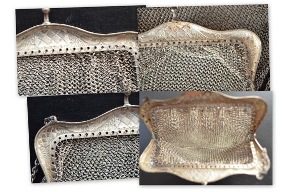 German Silver Chainmaille Purse Depose Silver Mesh Handbag Flapper Purse Silver Mesh Art Deco Bag