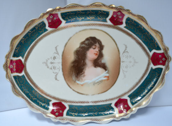 Austrian Porcelain Oval Plaque Dresser Tray Portrait of Asti's Constance
