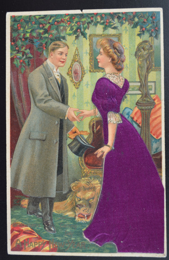 New Year Postcard Embossed Victorian Couple with Silk Dress