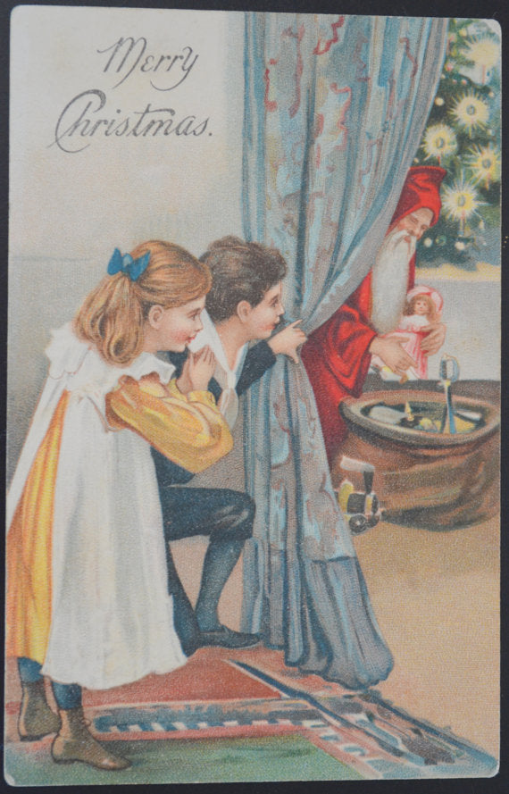 Christmas Postcard Santa with Gifts Children Spying Behind Curtain Embossed Printed in Germany