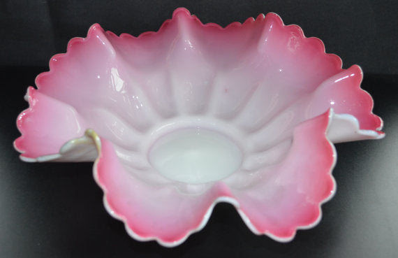 Mt Washington Cranberry Pink Opalescent White Glossy Glass Bride's Bowl