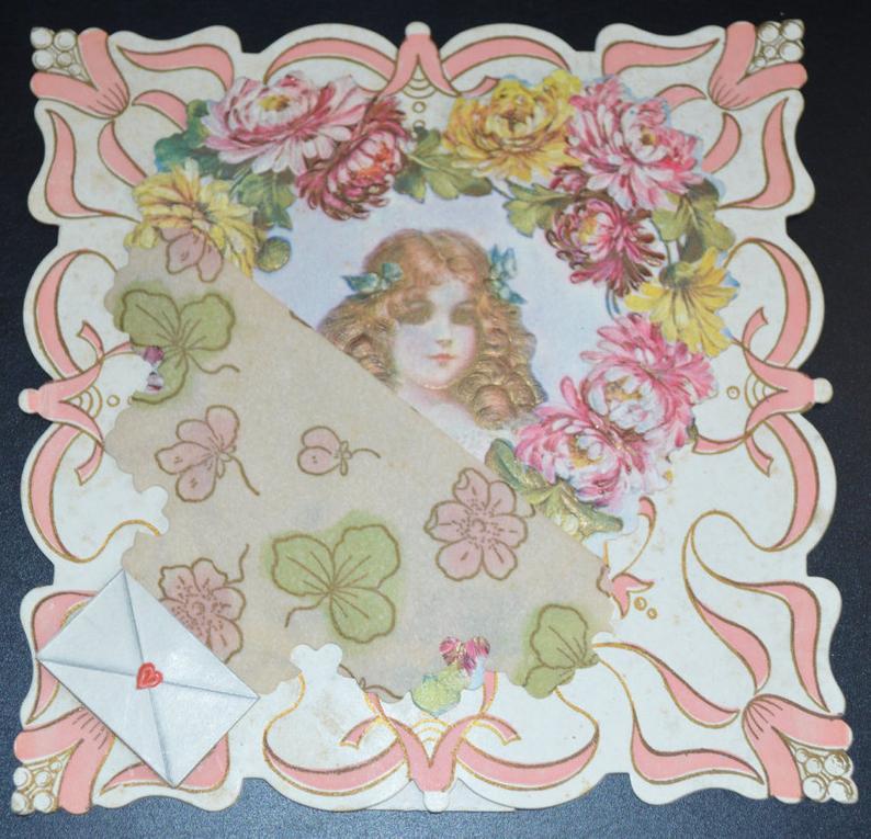 Antique Die Cut Valentine Card Whitney Stand Up Parchment Heavy Embossed Child Floral Art Nouveau Period